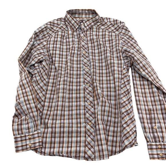 Prana Shirt Men‎ Medium Orange Brown Plaid Slim Fit Western Cowboy Snap Cotton - Picture 2 of 12